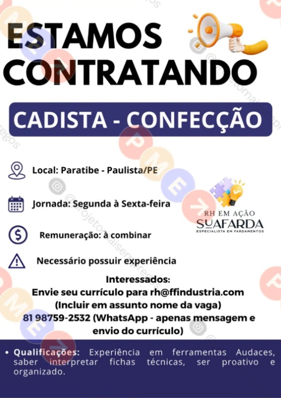 1 Vaga de emprego para Cadista Confecção na empresa Sua Farda em 22/09