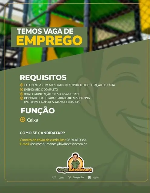 1 Vaga de emprego para Caixa na empresa Gugs Adventures em 10/09