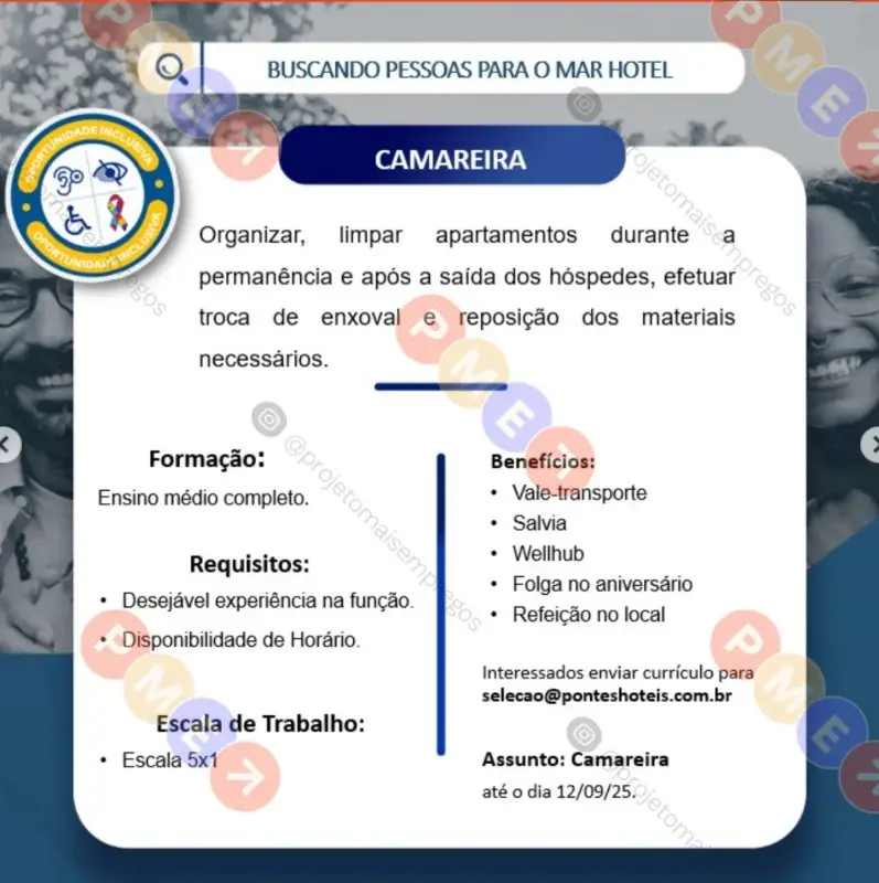 1 Vaga de emprego para Camareiro sem experiência na empresa Hotel Mar em 09/09