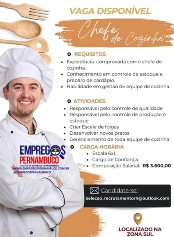 1 Vaga de emprego para Chefe De Cozinha no Segmento alimentício em 26/09