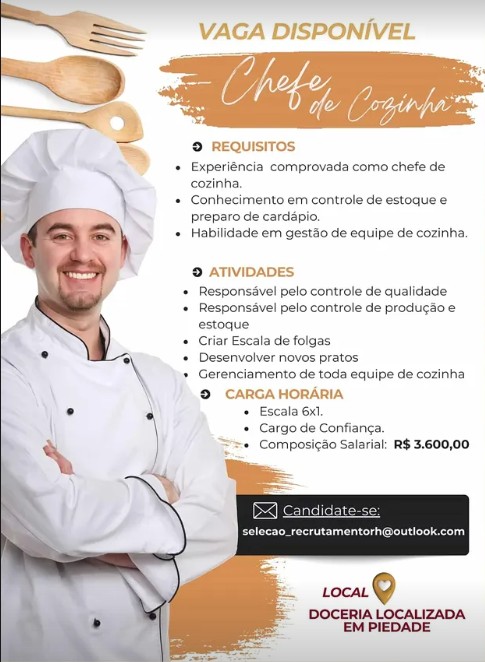 1 Vaga de emprego para Chefe De Cozinha no Segmento de doceria em 19/09