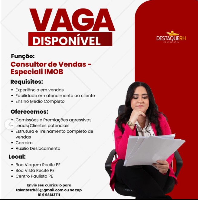 1 Vaga de emprego para Consultor De Vendas Especiali Imob na empresa Destaque RH em 26/09
