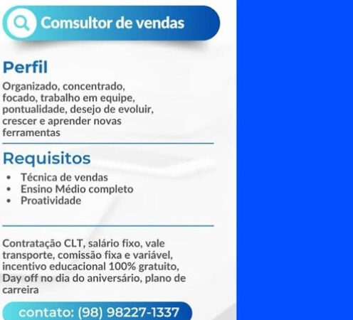 1 Vaga de emprego para Consultor De Vendas sem experiência na empresa Instituto Elotec em 09/09