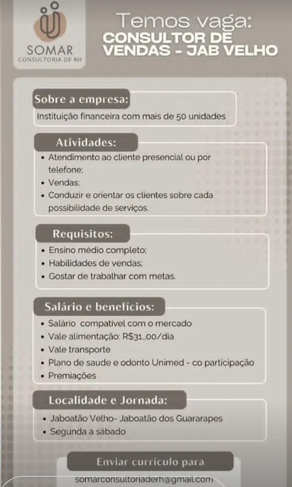 1 Vaga de emprego para Consultor De Vendas Jab Velho sem experiência na empresa Somar RH em 27/09