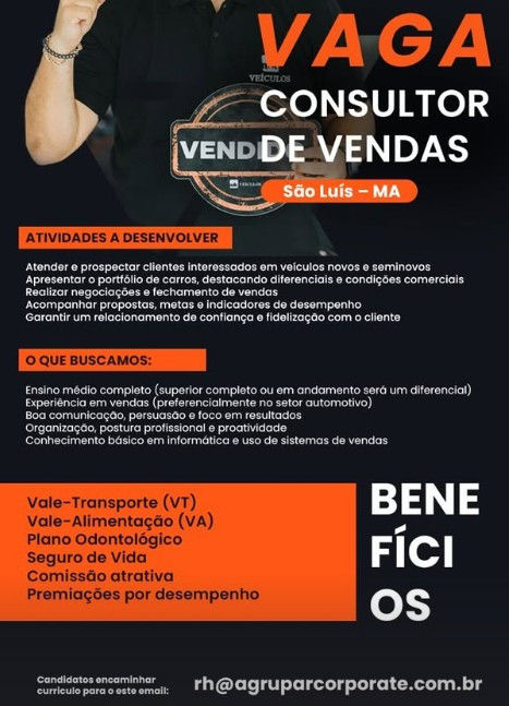 1 Vaga de emprego para Consultor De Vendas na empresa MK Veículos em 12/09