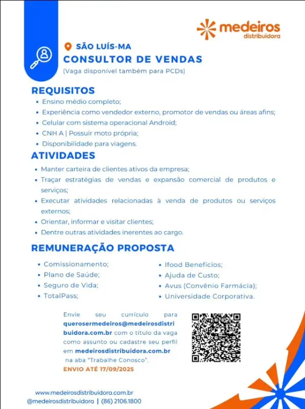 1 Vaga de emprego para Consultor De Vendas na empresa Medeiros Distribuidora em 11/09