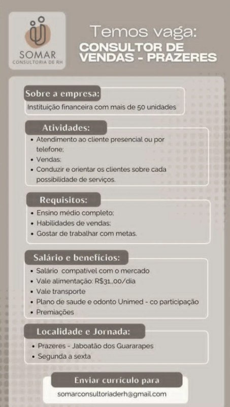 1 Vaga de emprego para Consultor De Vendas Prazeres sem experiência na empresa Somar Consultoria de RH em 19/09