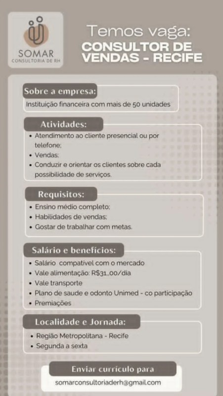 1 Vaga de emprego para Consultor De Vendas sem experiência na empresa Somar Consultoria de RH em 18/09