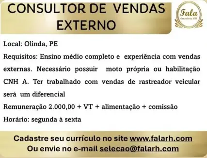 1 Vaga de emprego para Consultor De Vendas Externo na empresa Fala RH em 10/09
