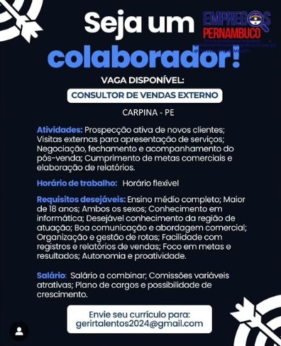 1 Vaga de emprego para Consultor De Vendas Externo sem experiência na Cidade de Carpina em 23/09