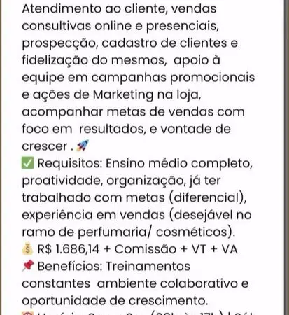 1 Vaga de emprego para Consultor De Vendas sem experiência no Segmento de perfumaria em 09/09