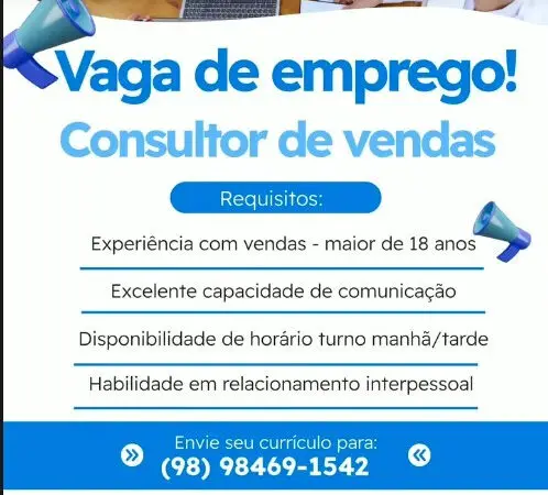 1 Vaga de emprego para Consultor De Vendas no Segmento comercial em 10/09