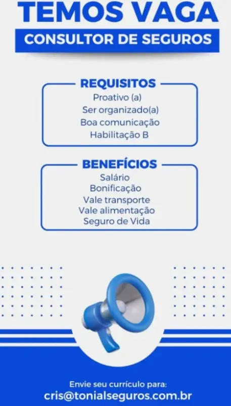 1 Vaga de emprego para Consultor sem experiência no Segmento de seguros em 10/09