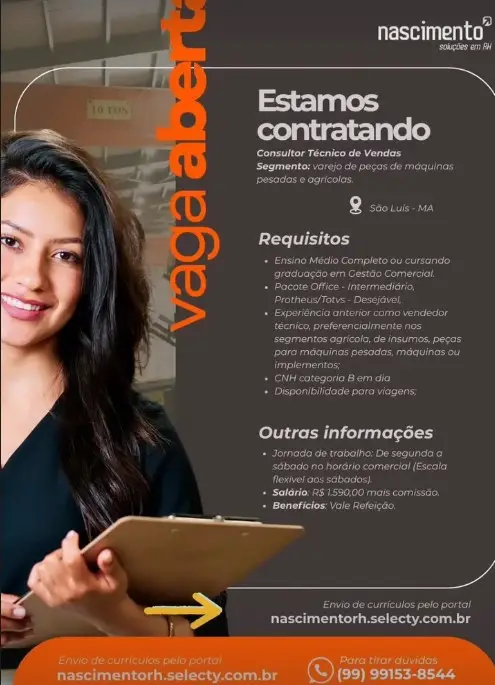 1 Vaga de emprego para Consultor Técnico De Vendas na empresa Nascimento Soluções de RH em 11/09