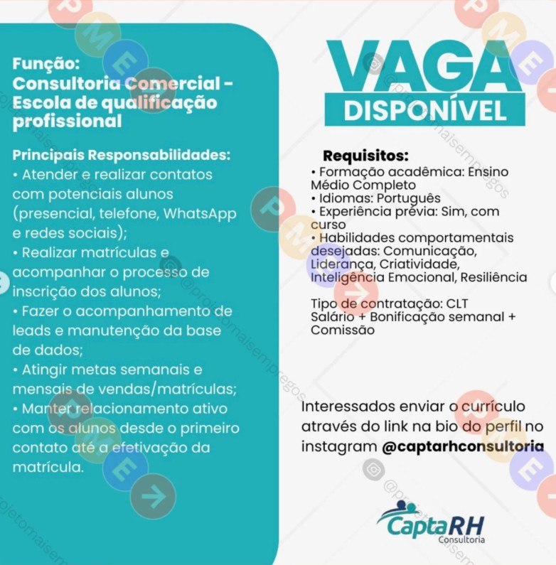 1 Vaga de emprego para Consultoria Comercial na empresa Capta RH em 27/09
