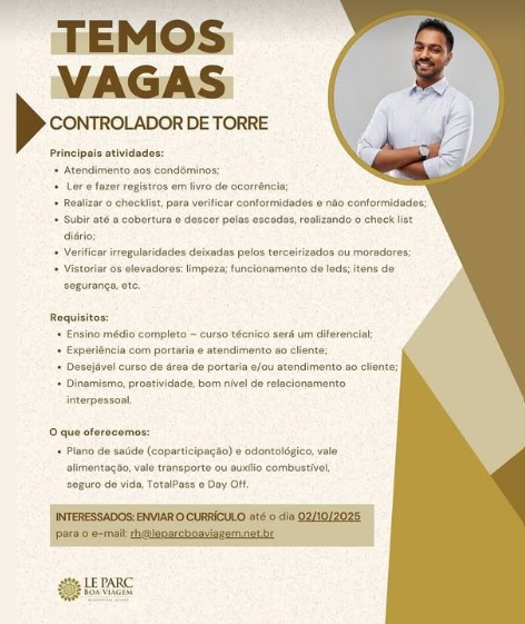 1 Vaga de emprego para Controlador De Torre na empresa Le Parc em 27/09