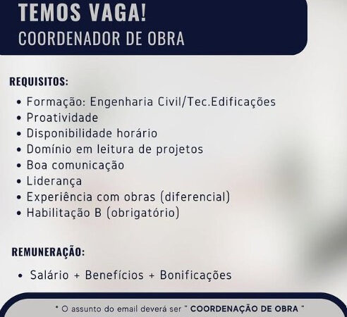 1 Vaga de emprego para Coordenador De Obras sem experiência na empresa Construtora Roca em 11/09