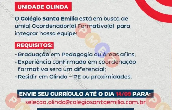 1 Vaga de emprego para Coordenador Formativo no Segmento escolar em 09/09