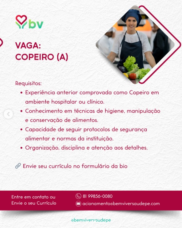 1 Vaga de emprego para Copeiro na empresa Cooperativa Bem Viver Saúde em 25/09
