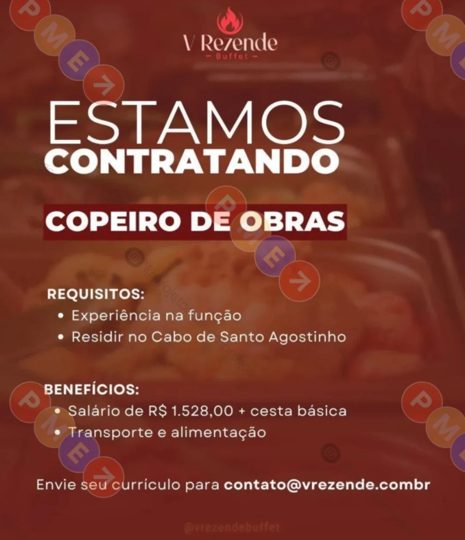1 Vaga de emprego para Copeiro De Obras na empresa Buffet V Rezende em 23/09