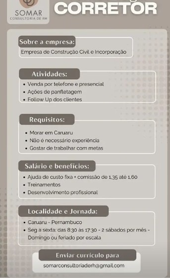 1 Vaga de emprego para Corretor sem experiência na empresa Somar RH em 27/09