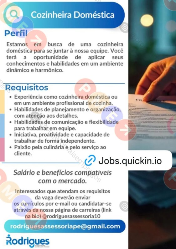1 Vaga de emprego para Cozinheira Doméstica na empresa Rodrigues Assessoria em 22/09