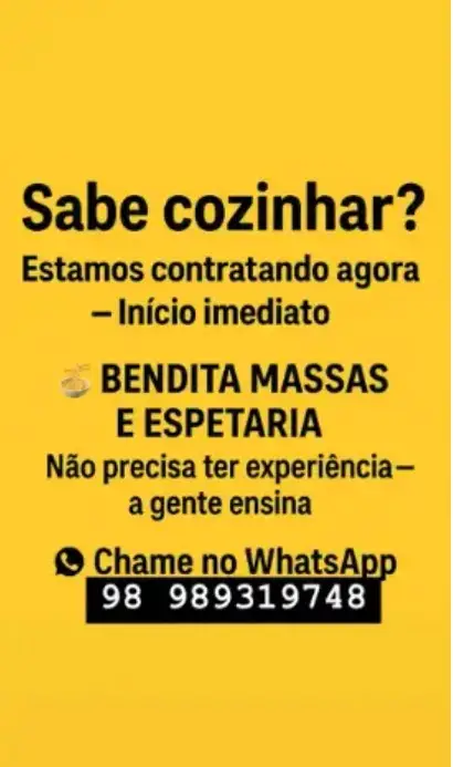 1 Vaga de emprego para Cozinheiro Auxiliar Aprendiz sem experiência na empresa Bendita Massas e Espetaria em 08/09