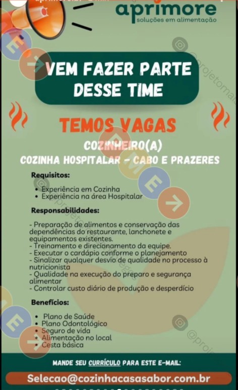 1 Vaga de emprego para Cozinheiro Hospitalar na empresa Aprimore em 18/09