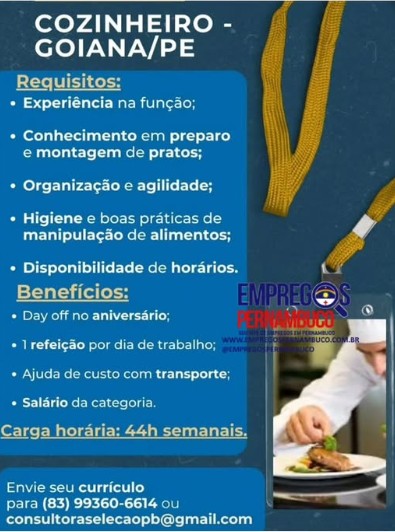 1 Vaga de emprego para Cozinheiro no Segmento alimentício em 18/09