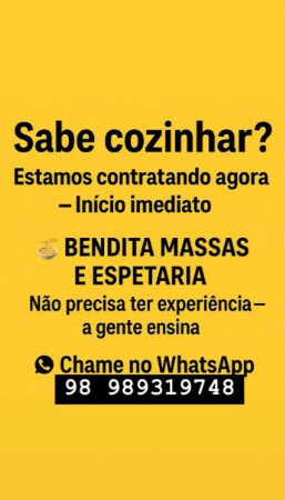 1 Vaga de emprego para Cozinheiro Auxiliar Aprendiz sem experiência na empresa Bendita Massas e Espetaria em 12/09