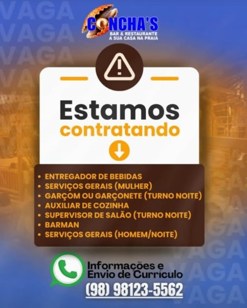 7 Vagas de emprego para Diversos Cargos na empresa Restaurante e Bar Concha´s em 12/09