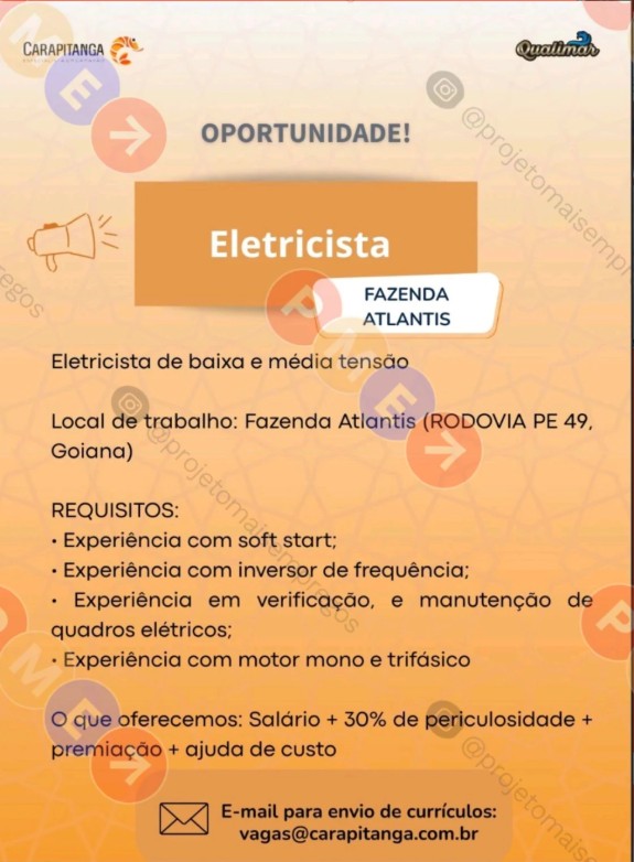 1 Vaga de emprego para Eletricista na empresa Qualimar em 26/09