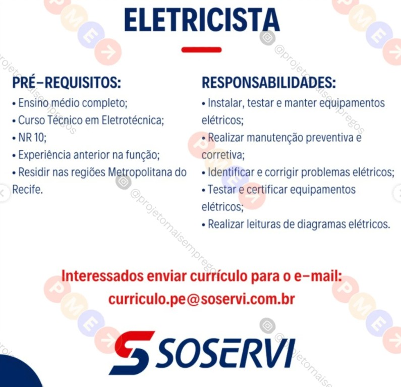 1 Vaga de emprego para Eletricista na empresa Soservi em 19/09