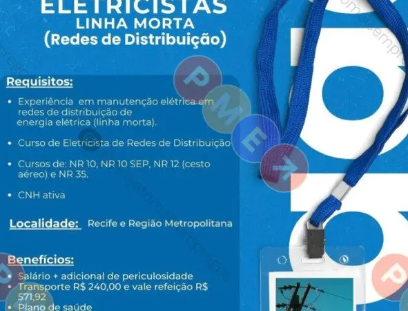 1 Vaga de emprego para Eletricista Linha Morta na empresa Argos em 10/09