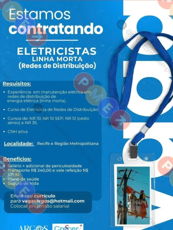 1 Vaga de emprego para Eletricista Linha Morta na empresa Argos em 10/09