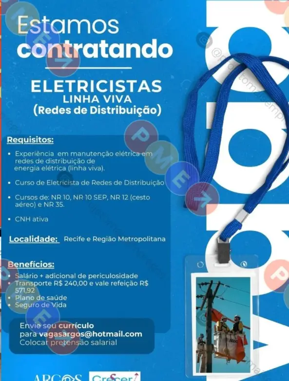 1 Vaga de emprego para Eletricista Linha Viva na empresa Argos em 10/09