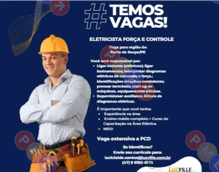 1 Vaga de emprego para Eletricista Força E Controle na empresa Luzyille em 09/09