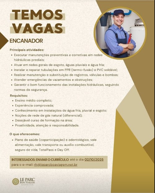 1 Vaga de emprego para Encanador na empresa Le Parc em 27/09