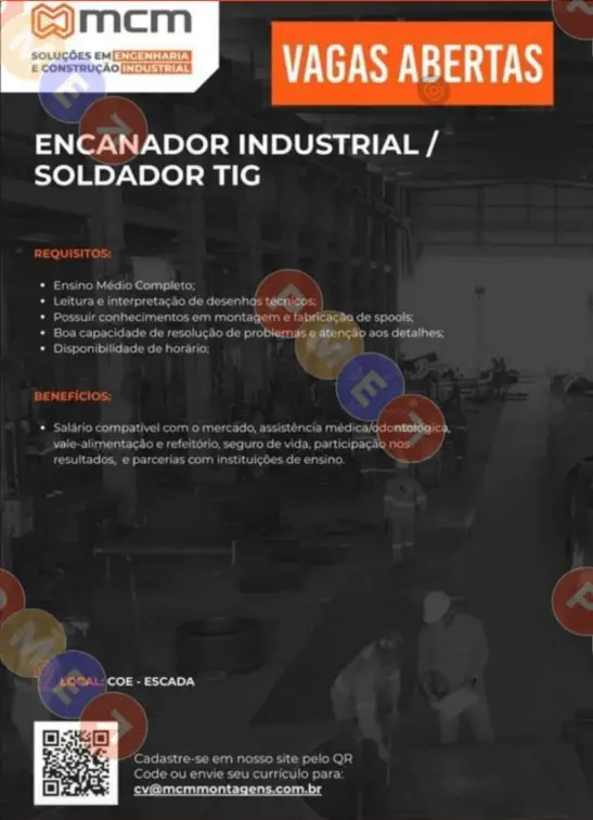 1 Vaga de emprego para Encanador Industrial Soldador Tig sem experiência na empresa MCM em 08/09