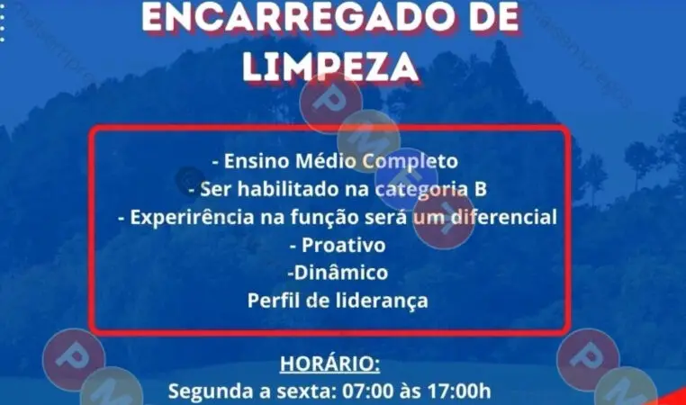 1 Vaga de emprego para Encarregado De Limpeza sem experiência na empresa Líder em 10/09
