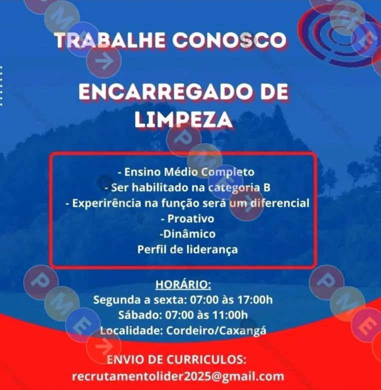 1 Vaga de emprego para Encarregado De Limpeza sem experiência na empresa Líder em 10/09