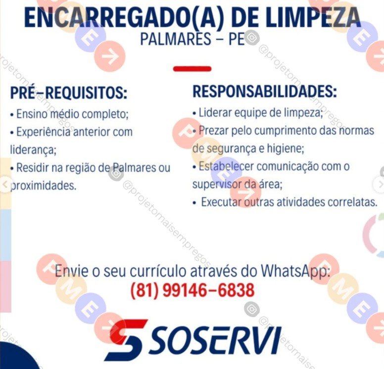 1 Vaga de emprego para Encarregado De Limpeza na empresa Soservi em 18/09