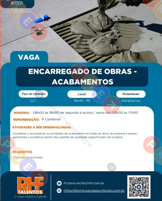 1 Vaga de emprego para Encarregado De Obras na empresa RHF Talentos em 26/09