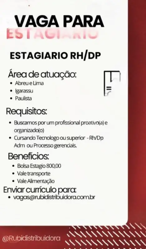 1 Vaga de emprego para Estagiário De Rh sem experiência na empresa Rubi Distribuidora em 08/09