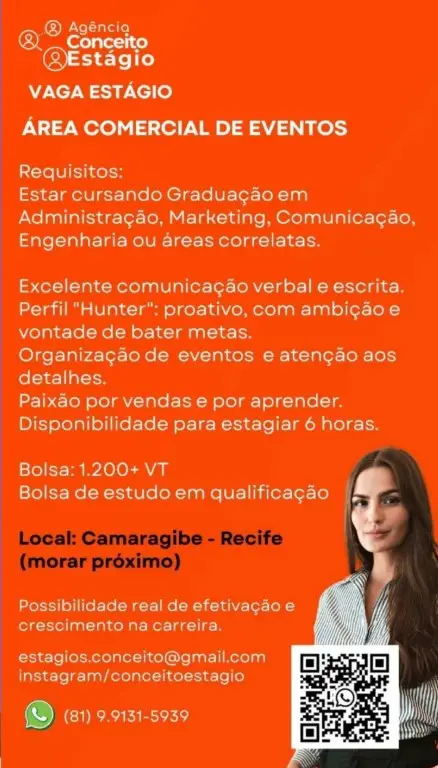 1 Vaga de emprego para Estagiário Área Comercial De Eventos sem experiência na empresa Agência Conceito Estágio em 09/09