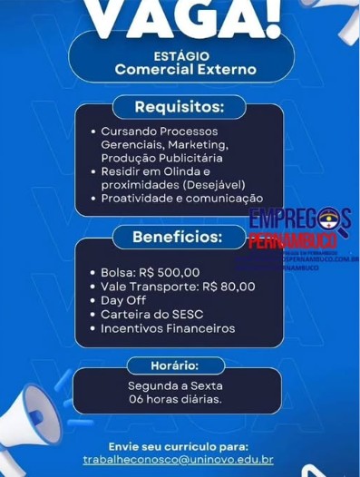 1 Vaga de emprego para Estágio Comercial Externo sem experiência na empresa Universidade Uninovo em 25/09