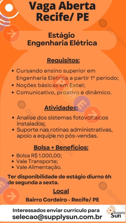 1 Vaga de emprego para Estágio De Engenharia Elétrica sem experiência na empresa Supply Sun em 25/09