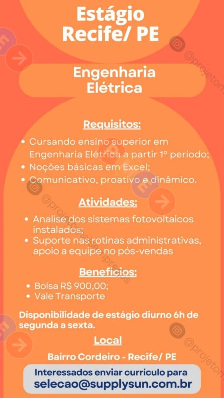 1 Vaga de emprego para Estágio De Engenharia Elétrica sem experiência no Bairro de Cordeiro em 19/09