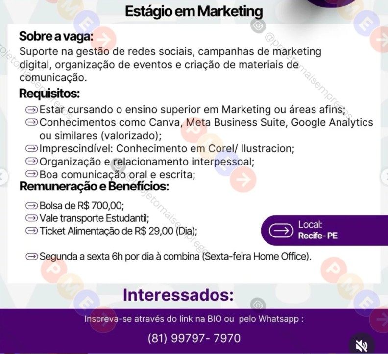 1 Vaga de emprego para Estágio De Marketing sem experiência na Cidade de Recife em 19/09