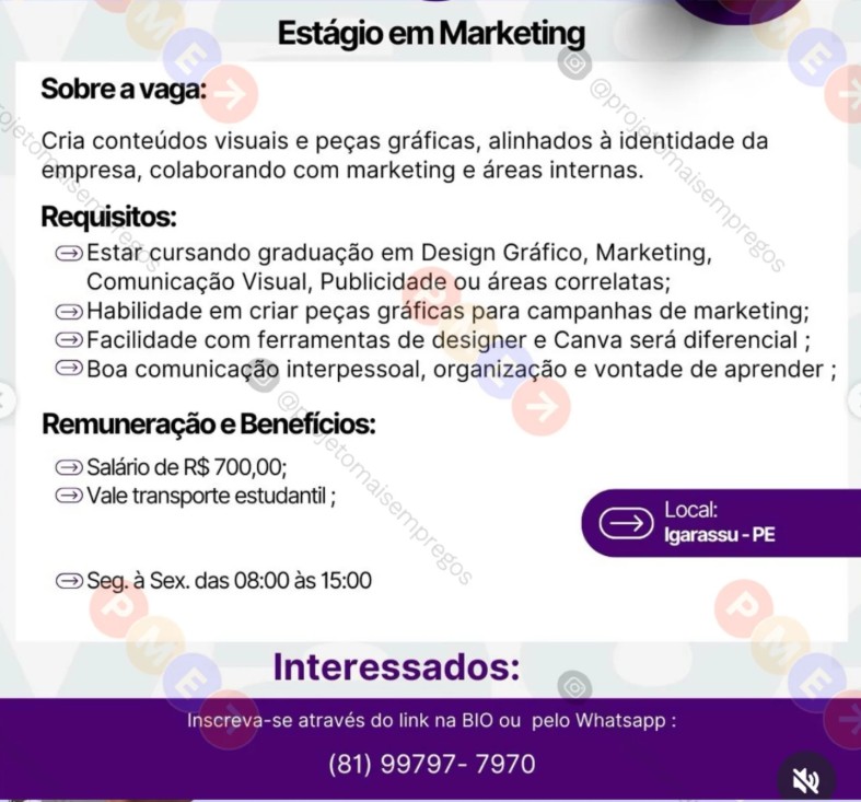 1 Vaga de emprego para Estágio De Marketing sem experiência na Cidade de Igarassu em 19/09